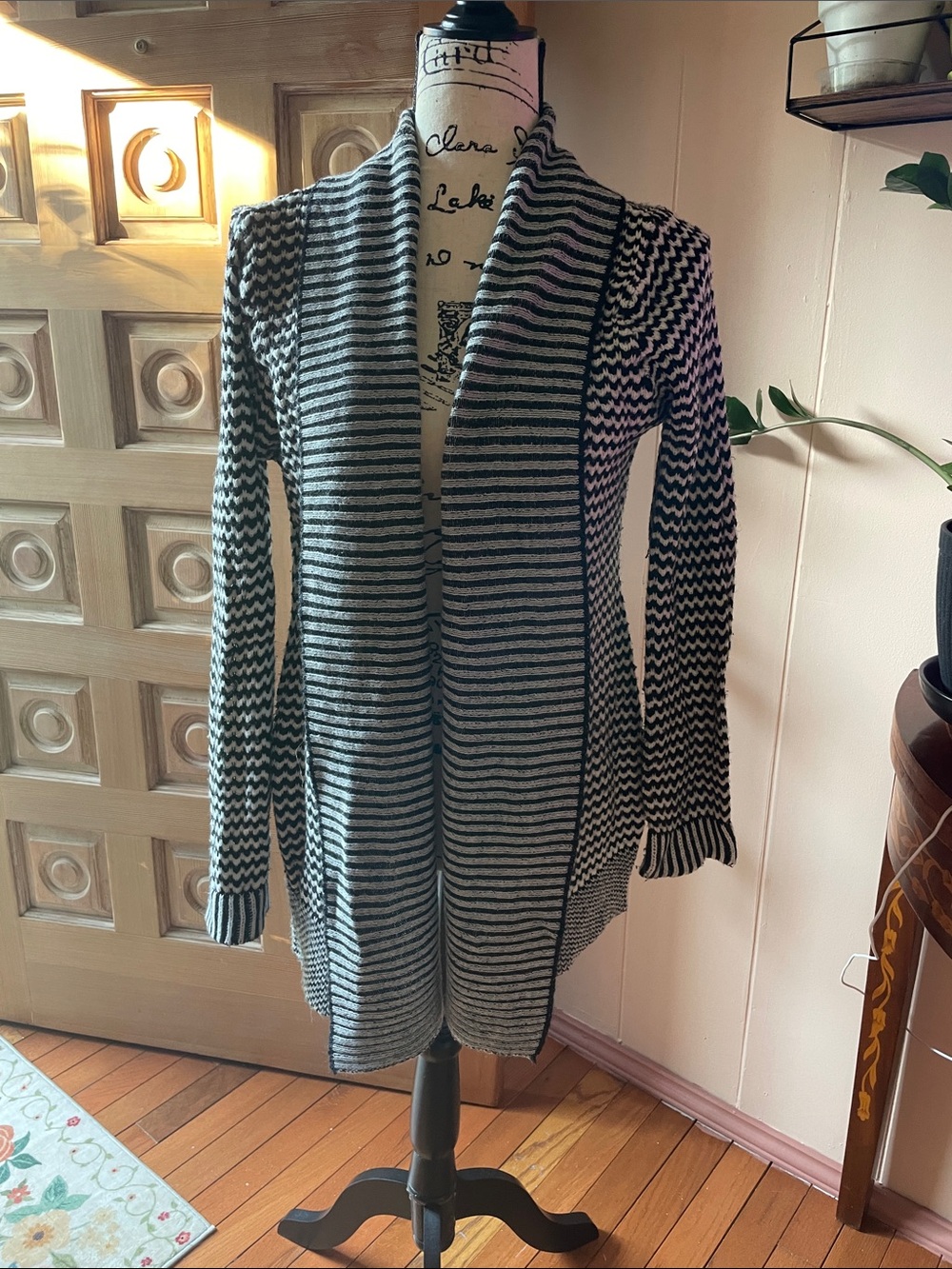 NY Collection Striped Open-Front Cardigan - Black & Gray